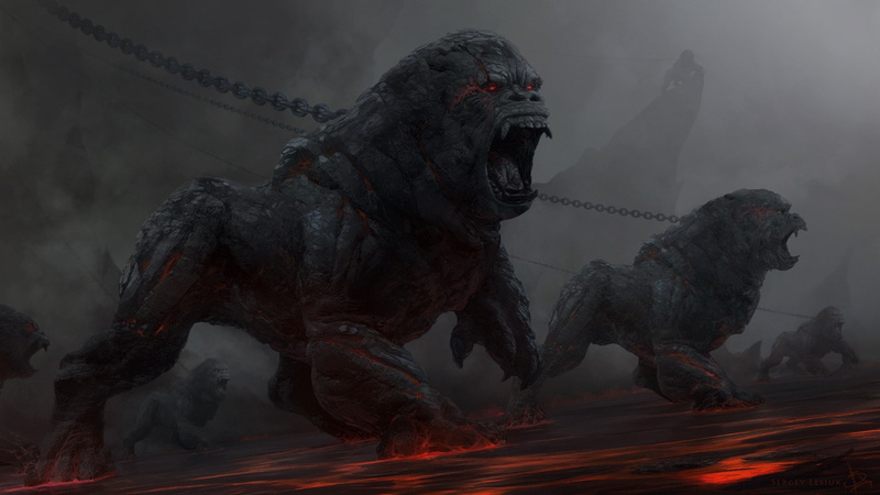 gorillas, abstract, chains, 1080P, fantasy, hd, fantasy art, lava, lesiuk, x, creatures, art, sergei