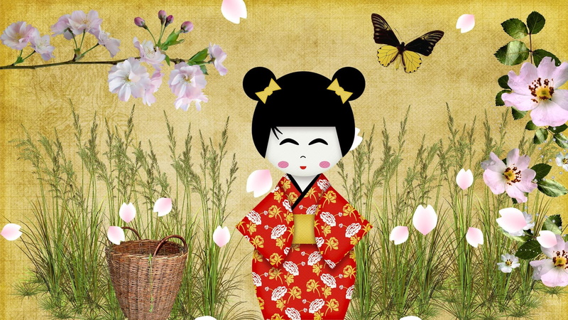 flowers, girl, butterfly, sakura, cherry blossoms, grass, 1080P, blossoms, blooms, firefox persona, catching, spring, oriental, cherry