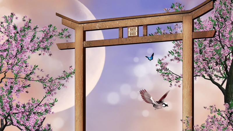 blossoms, trees, summer, illustration, cherry blossoms, 1080P, nagasaki, butterfly, lavender, oriental, brown, birds, pink, spring, moon, arch