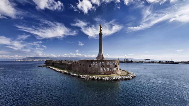 sea, ports, clouds, Italy, sky, 720P, architecture, Sicily, statue, Strait of Messina, Madonna della Lettera