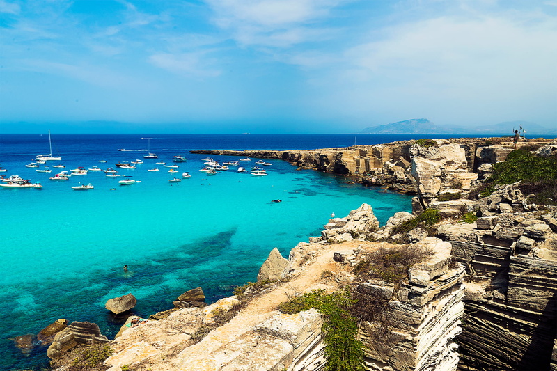 cliff, island of favignana, italy, scenics - nature, palermo, beauty in nature, beach, transportation, land, outdoors, nautical vessel, europe, rocks, turquoise