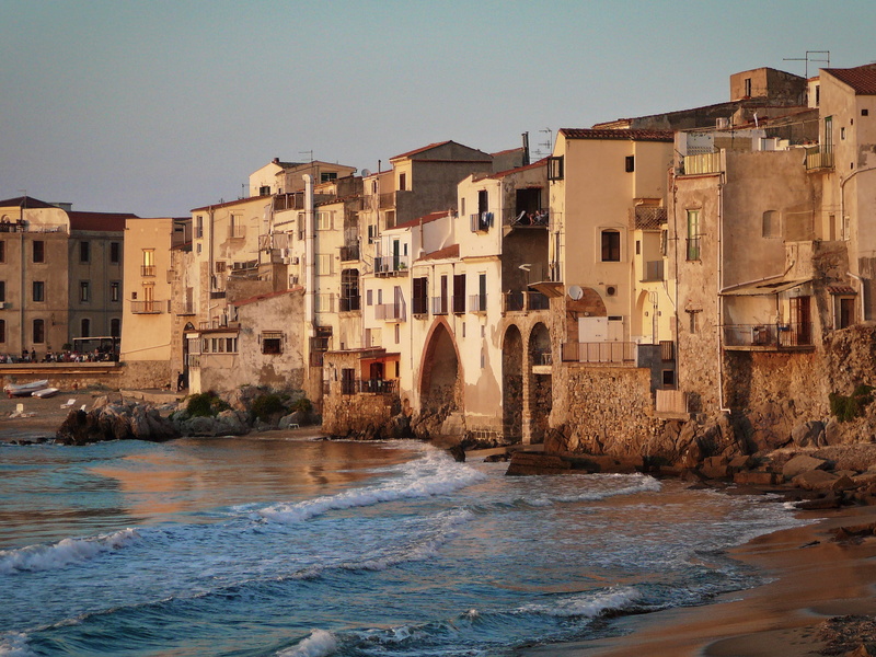travel destinations, clear sky, building exterior, beach, architecture, sea, day, outdoors, cefalu, flowing water, flowing, sicily, 2K, italy, no people