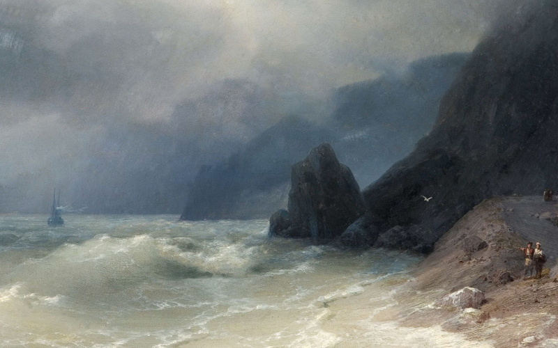rock, sea, beach, art, aivazovsky, artwork, 720P, classic, ivan, painting
