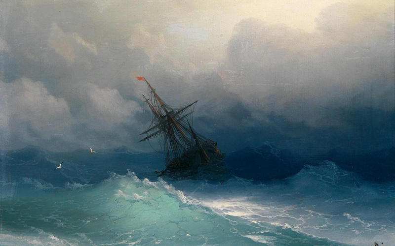 painting, ship, waves, Ivan Aivazovsky, 2K, Classic Art, Seagulls, sea