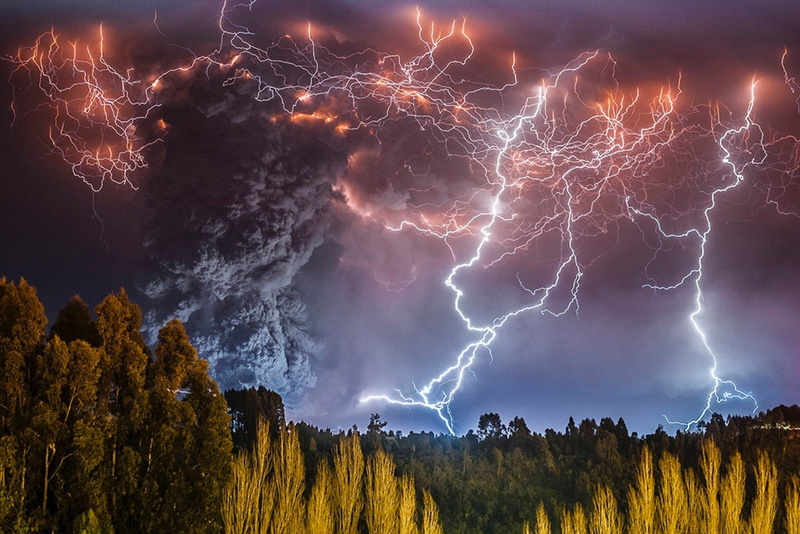 sky, meteorology, landscape, power in nature, cloud - sky, thunderstorm, dramatic sky, environment, lightning, beauty in nature, warning sign, plant, photography nature landscape lightning storm forest volcano night eruption chile