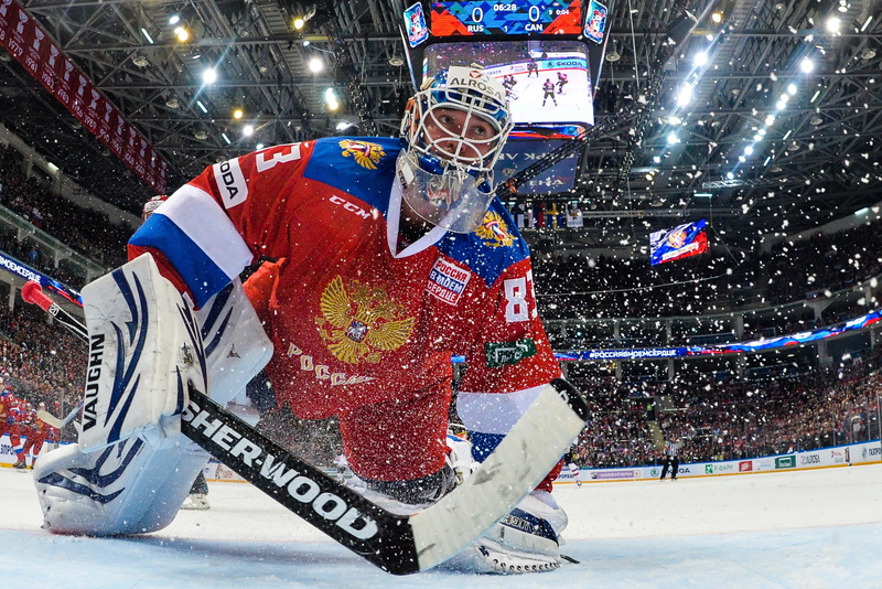 Team, Vasily Koshechkin, hockey, Olympic champion, goalkeeper, coat of arms, KHL, Team Russia, stick, Metallurg, arena, best, 1080P, Canada, Best goalkeeper