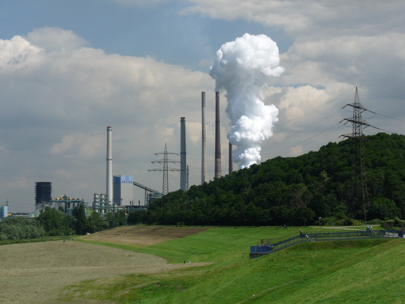 built structure, architecture, tree, sky, outdoors, ruhr area, niederrhein, smoke, cooling tower, fumes, air pollution, factory, building exterior, industrial plant