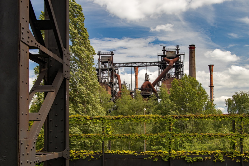 machinery, sky, old factory, blast furnace, tree, landscape park, industrial park, steel mill, steel, green color, industrial plant, north rhine westphalia