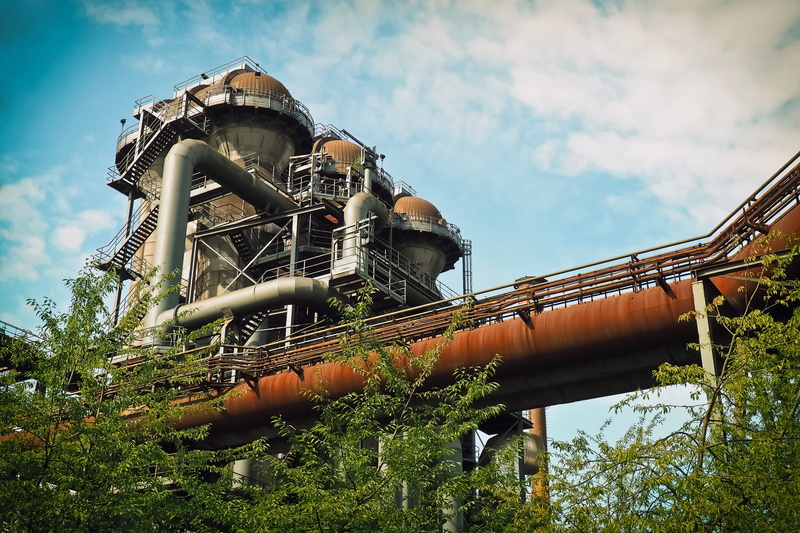 outdoors, metal industry, nature, park, built structure, ruins, field, monument, low, tower, plant, machinery, transportation, leave, agriculture, industrial park