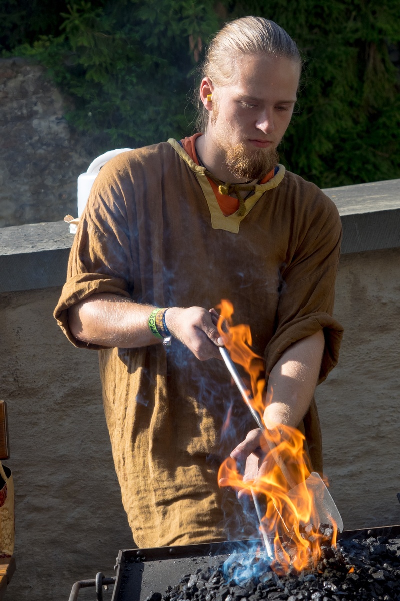 forge, art, middle ages, embers, waist up, men, mid adult, form, anvil, looking, hammer, bending, hot, workshop, nature, lifestyles, burned, burning, hand
