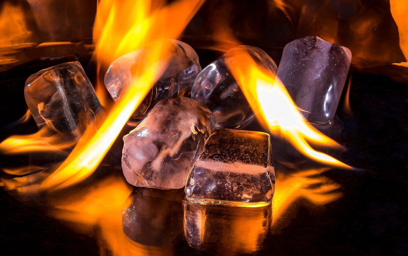 ice, blurred motion, nature, heiss, drink, cold, burning, 4K, yellow, close-up, indoors, ice cubes, fire, orange color, melt, dark, hot, embers, motion