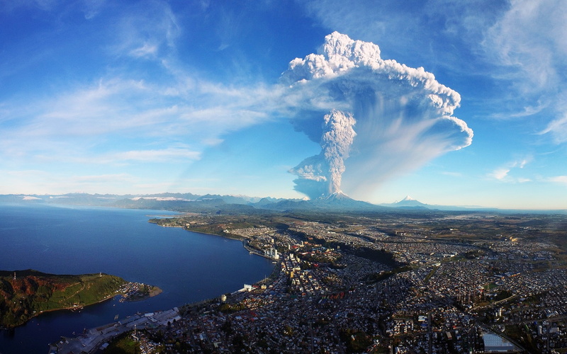landscape, 1080P, Puerto Montt, volcano, water, nature, sea, ash, Calbuco Volcano, cityscape, Chile, smoke