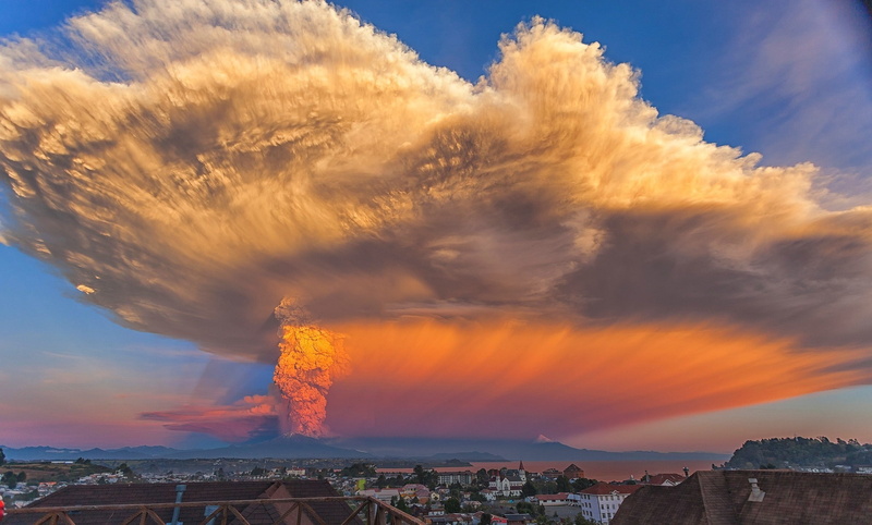 beauty in nature, cityscape, volcano, Huge, Calbuco Volcano, landscape, environment, Eruptions, dramatic sky, city, orange color, sunset, nature, 1080P