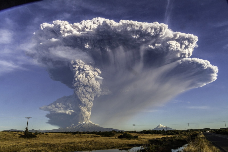 tranquility, erupting, smoke - physical structure, volcano, Puerto Montt, field, sky, Snowy Peak, volcanic crater, geology, non-urban scene, ominous, cloud - sky
