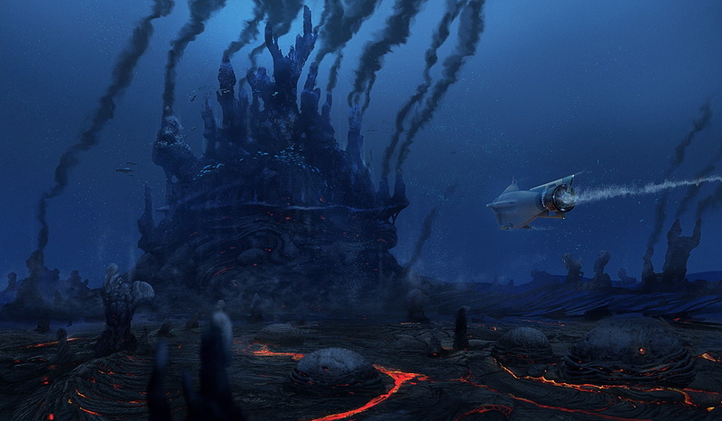 smoke, science fiction, artwork, underwater, digital art, sailing ship, 720P, fantasy art, lava, subnautica, rocks