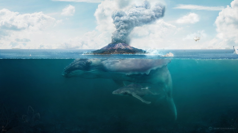  volcano, art, underwater, fantasy, island, ocean, psychedelic, 2K, whale
