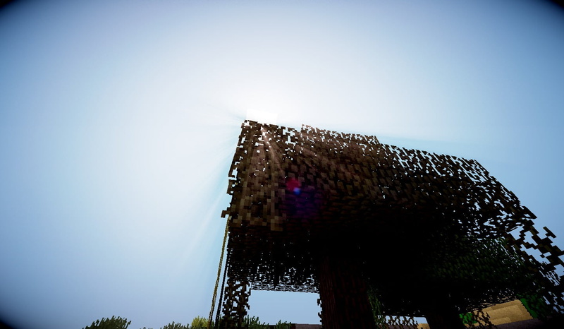 clear sky, outdoors, day, Sun, sunny, Minecraft, blue, metal, low angle view, architecture, sky, building, plant, sunlight, building exterior, shaders