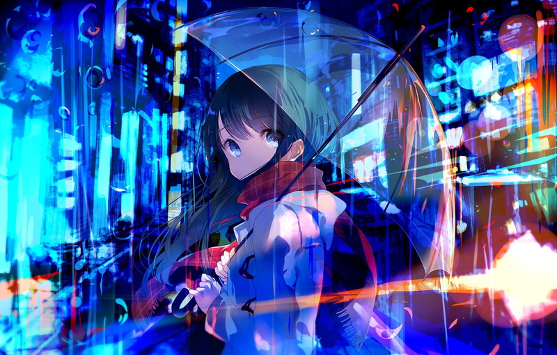 neon, 720P, Anime Girls, umbrella