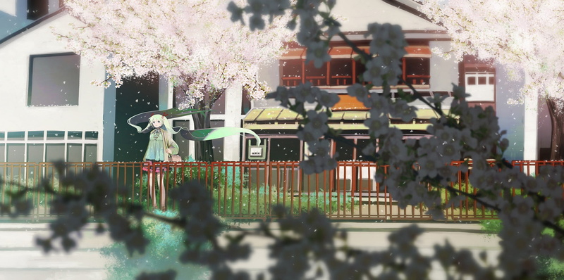 residential district, building Exterior, architecture, town, city Life, cherry blossom, cultures, plant, cherry, illustration, anime girls, lifestyles