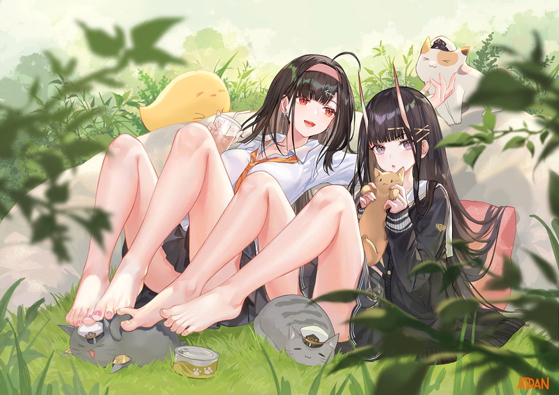 Atdan, cats, horns, 720P, anime girls, Noshiro (Azur Lane), Azur Lane, Independence (Azur Lane), anime, brunette, barefoot