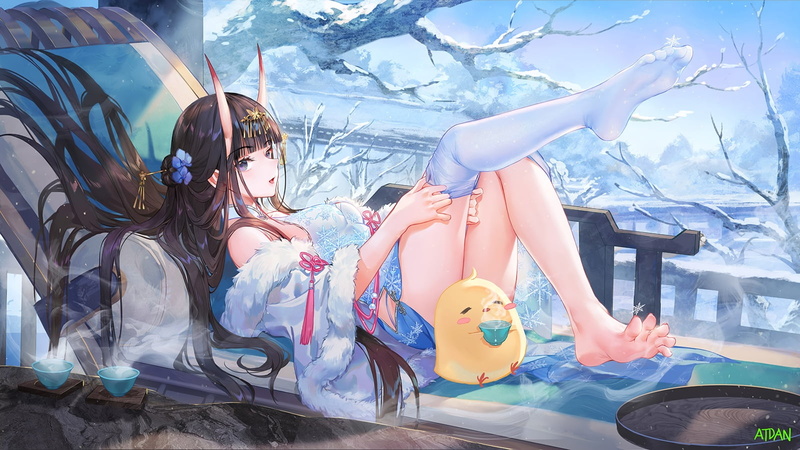anime, Atdan, Azur Lane, Noshiro (Azur Lane), anime girls, manjuu, horns, 720P, feet