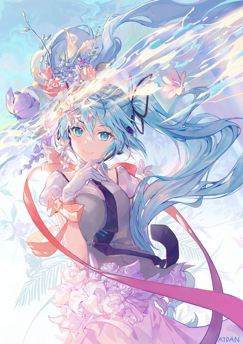 anime girls, looking at viewer, ribbon, Atdan, hair ribbon, digital art, fan art, artwork, blushing, anime, 720P, blue hair, 2D, Pixiv, drawing, illustration