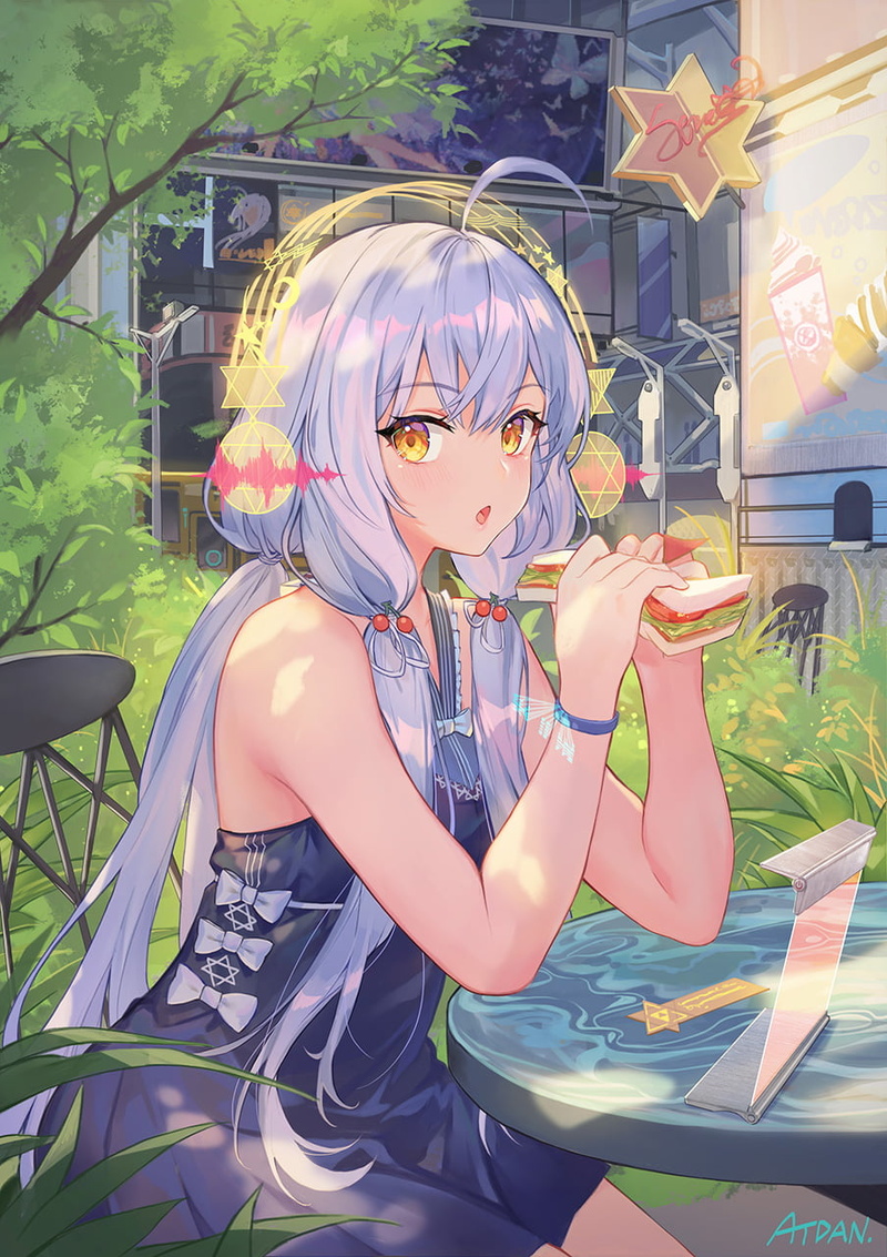 Atdan, Xingchen, anime girls, blue hair, long hair, plants, 720P, artwork, anime girls eating, headphones, park, open mouth, dress, digital art, portrait display