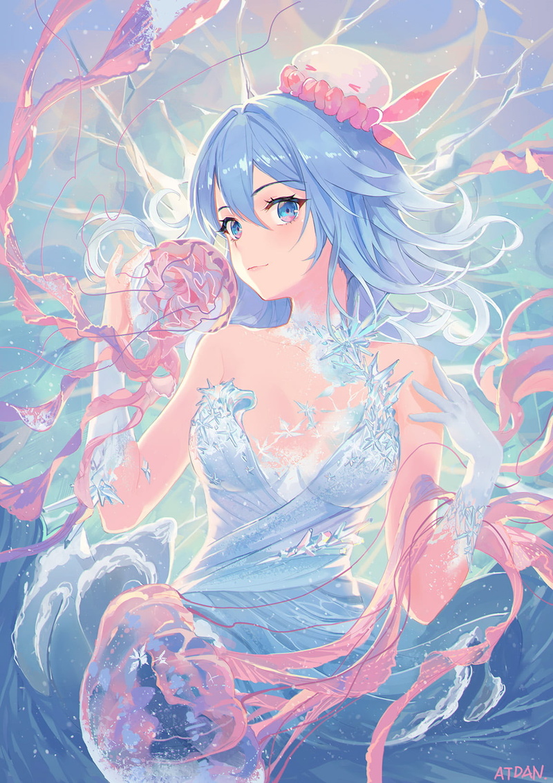 2D, digital art, smiling, women, artwork, fantasy art, Pixiv, portrait display, 720P, dress, surreal, looking at viewer, Atdan, blue hair, cleavage, fantasy girl