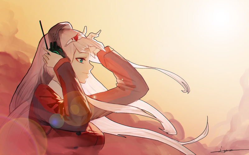 artwork, lens flare, digital art, 2D, fan art, illustration, looking into the distance, portrait, smiling, anime, profile, long hair, Darling in the FranXX