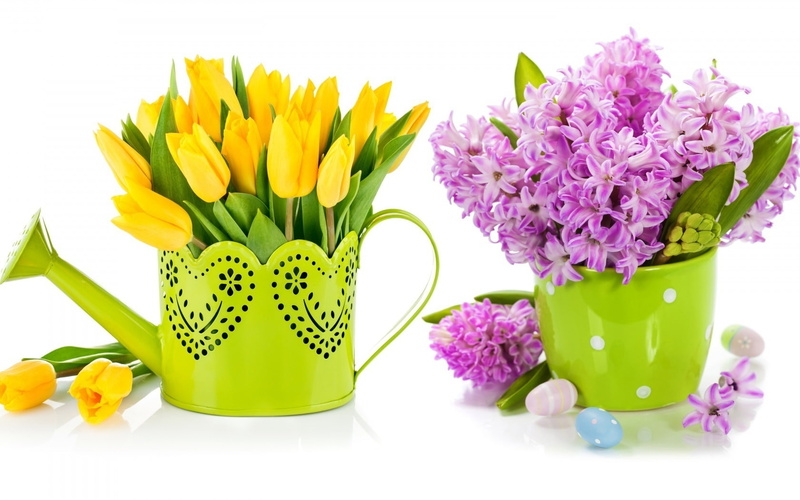 purple lilac, lilac, spring, yellow tulips, 720P, tulips, yellow, bouquet, purple
