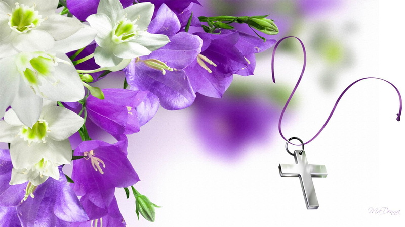 flowers, 1080P, silver, 3d, cross, subdued, firefox persona, lily, religious, religion, floral, easter, holiday, lilies, purple, pendant