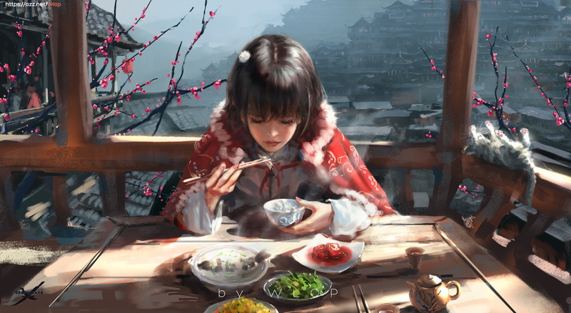 chinese food, 1080P, Spring Festival, Chinese dress, WLOP, anime girls
