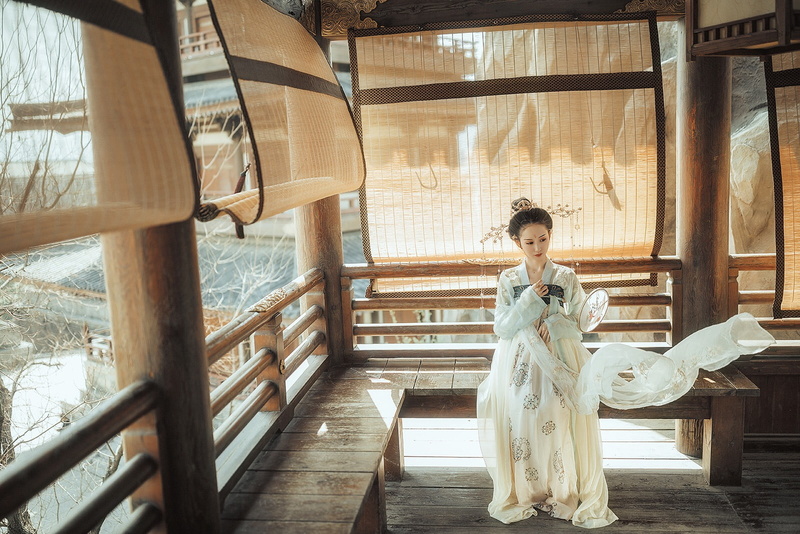 young women, beautiful woman, wood - material, standing, portrait, architecture, one person, lifestyles, leisure activity, full length, window, Chinese dress
