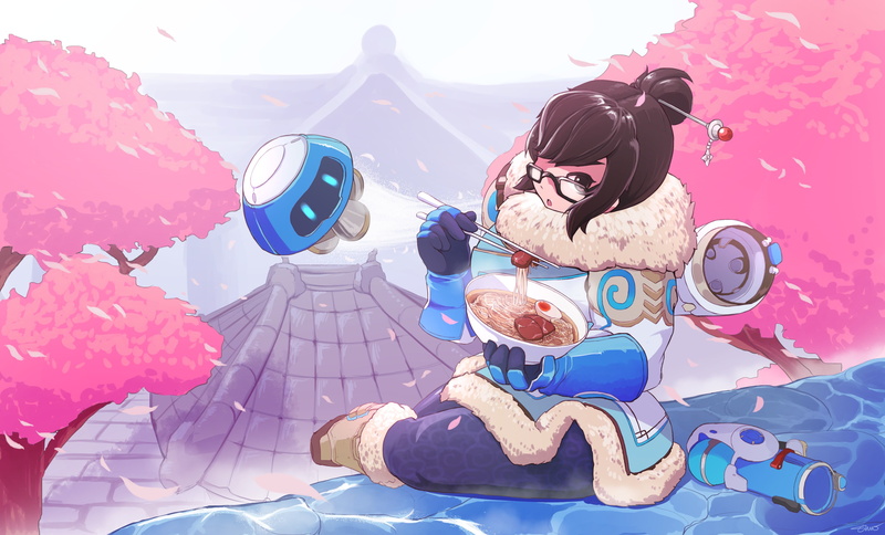 wearing, multi colored, day, armor, mountain, leisure activity, blue, digital, woman, beauty in nature, Blizzard Entertainment, ramen, Mei (Overwatch)