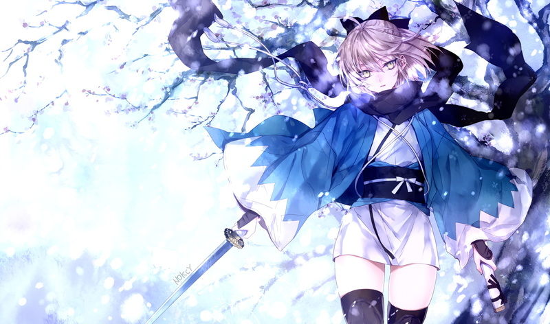 Fate/Grand Order, Dress, Girl, Anime, Katana, Weapon, Sword, Fate Series, 1080P, Thigh Highs, Okita Souji, Saber (Fate Series), White Dress