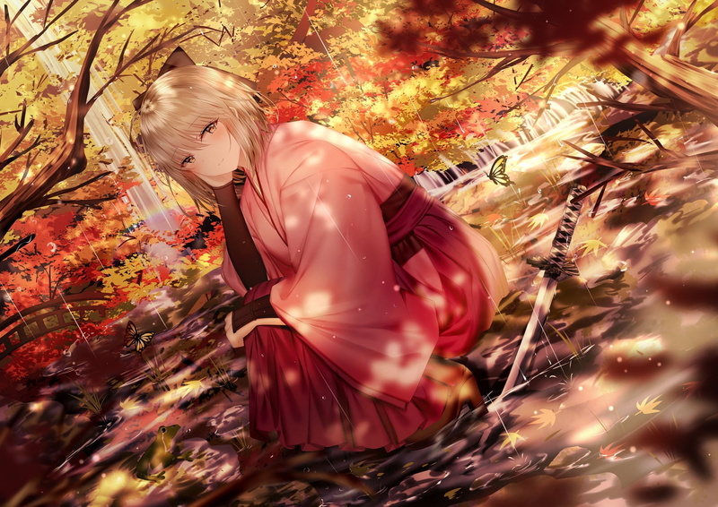 forest, rain, Japanese clothes, 720P, sword, katana, Fate/Grand Order, weapon, Okita Souji, yellow eyes, short hair