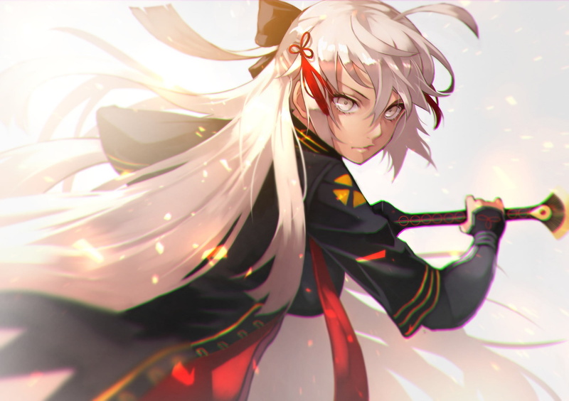 dark skin, long hair, weapon, sword, white hair, 1080P, Okita Souji, gray eyes