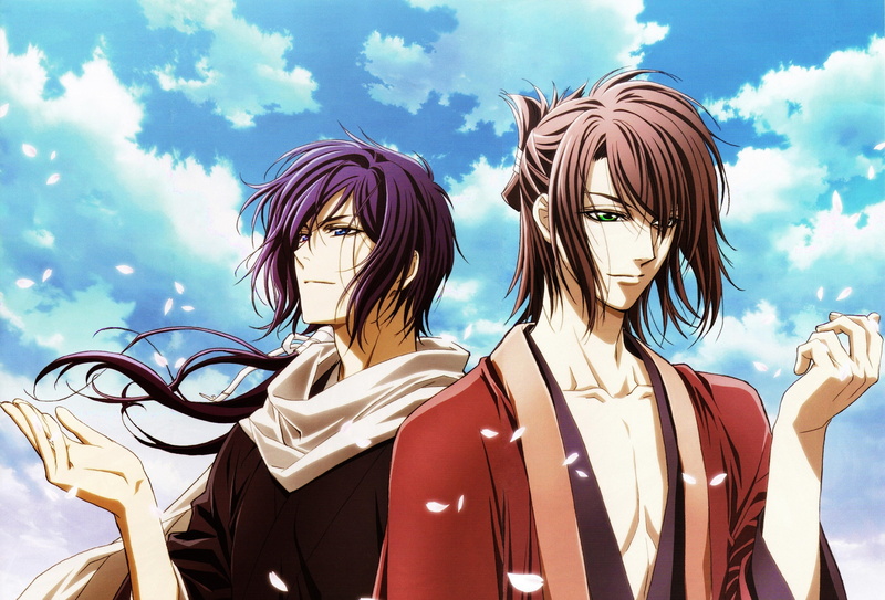 blue-eyes, purple-hair, souji-okita, brown-hair, saito, blossoms, hajime, short-hair, male, 4K, souji, okita, hajime-saito, long-hair