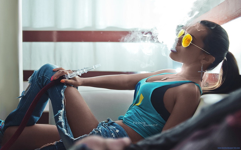 smoking, hookah, jeans, pants, smoke, denim, 1080P, torn, girl, sunglass, women