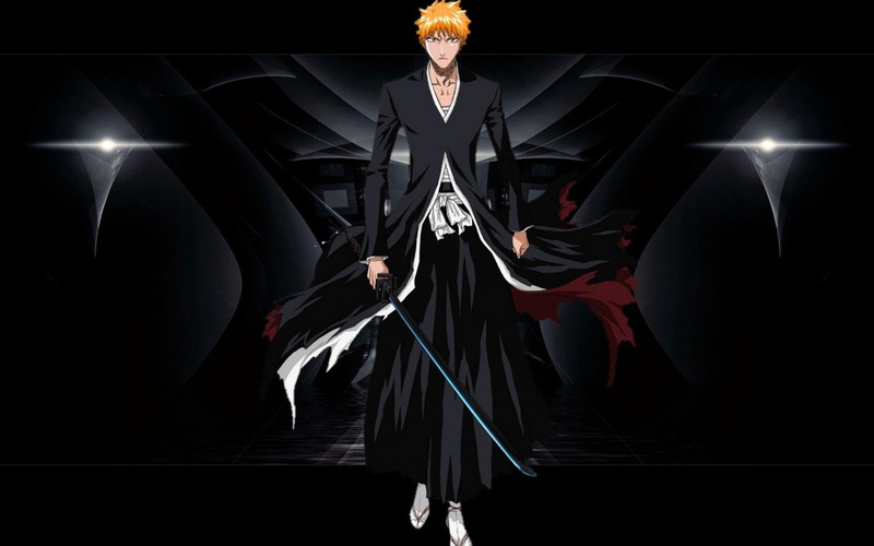 arms raised, limb, black background, people, Bleach, full length, Anime, studio shot, body part, Ichigo, standing, human arm, indoors, illuminated, front view