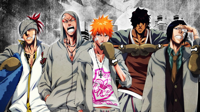 Bleach, Ikkaku Madarame, emotion, poster, young women, 1080P, togetherness, clothing, happiness, Kurosaki Ichigo, smiling, anime, dressing up, adult, Yasutora Sado