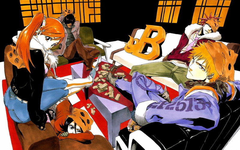 anime, manga, inoue, girls, boys, rukia, bleach, abarai, kurosaki, sado, orihime, yasutora, couch, 1080P, kuchiki, ichigo, renji