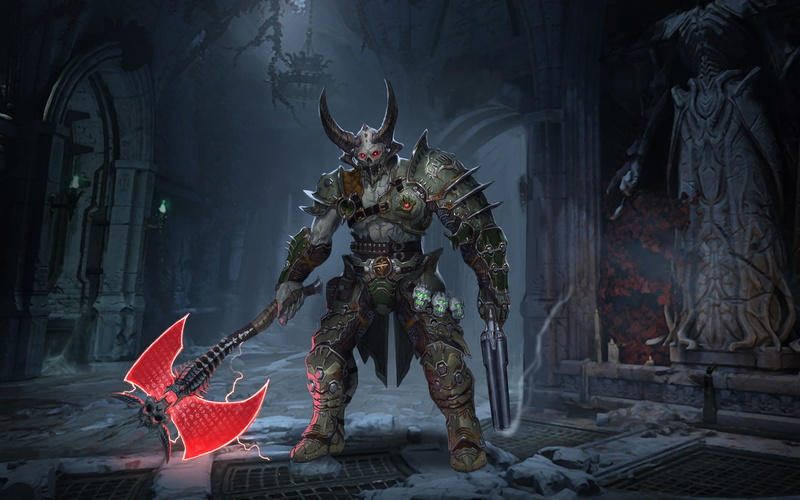 demon, axes, video game art, artwork, demon eyes, Armored, video games, 1080P, cathedral, DOOM Eternal