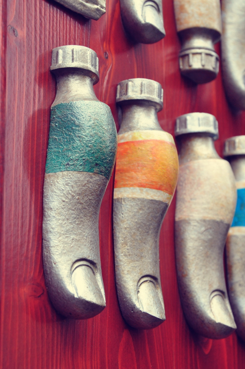 still life, wood - material, choice, large group of objects, craft, finger, pigment, metal, close-up, focus on foreground, order, multi colored, no people