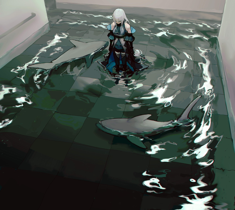 Arknights, wet, 5K, anime, Skadi(Arknights), anime girls, shark, water