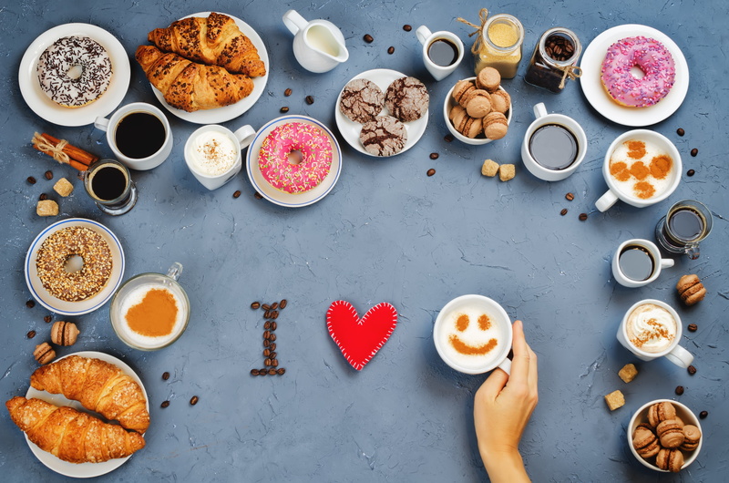 love, 4K, cup, sweets, donuts, coffee, heart, sweet, macaron, growing, I love you, cakes, croissants, macaroon, cookies