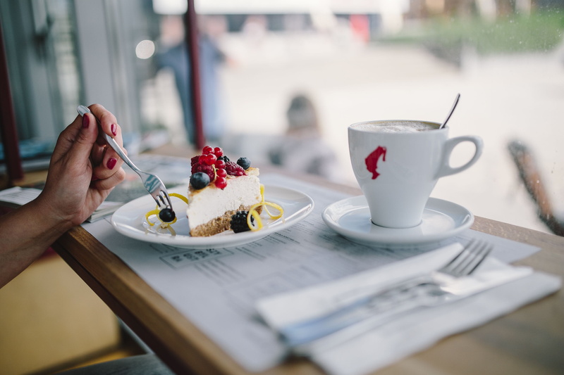 eating utensil, table, enjoying, time, restaurant, food, breakfast, cafeteria, kitchen utensil, sweet food, dessert, cheese cake, food and drink, female