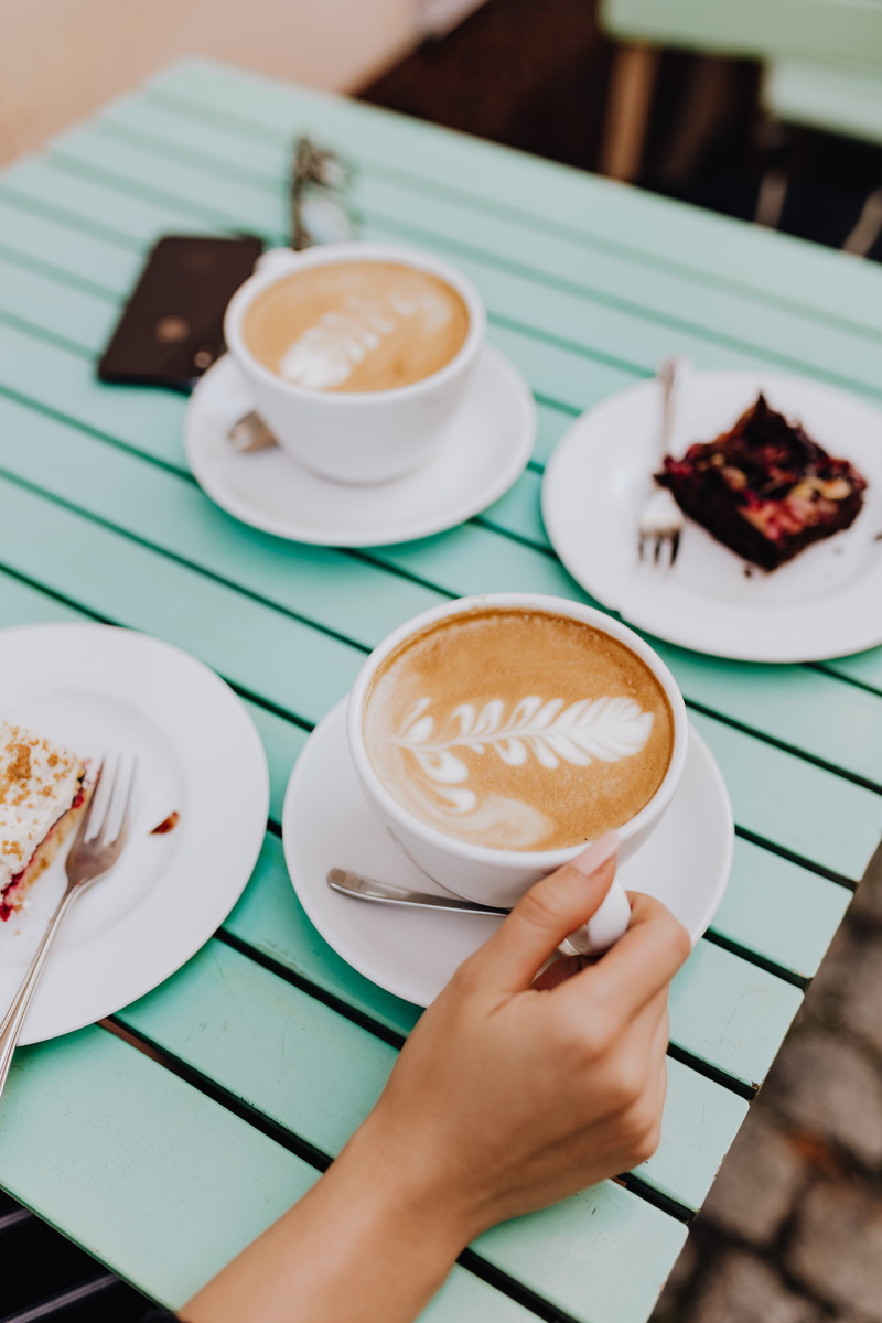cafe late, human hand, crockery, hand, time, cafe, refreshment, drinking, cake, female, coffee cup, human body part, finger, cafeteria, food and drink