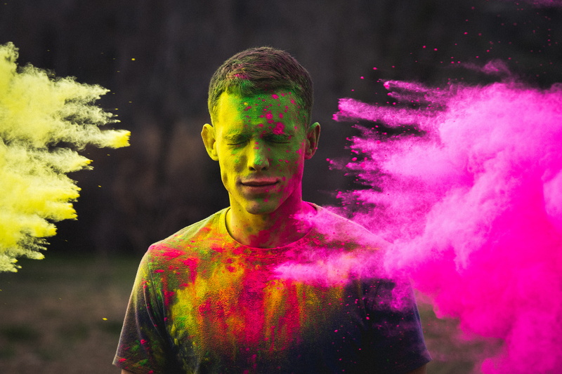 happiness, man, powder, young adult, adult, powder paint, mouth, headshot, motion, face powder, closeup, portrait, photo, body paint, colourful, traditional festival