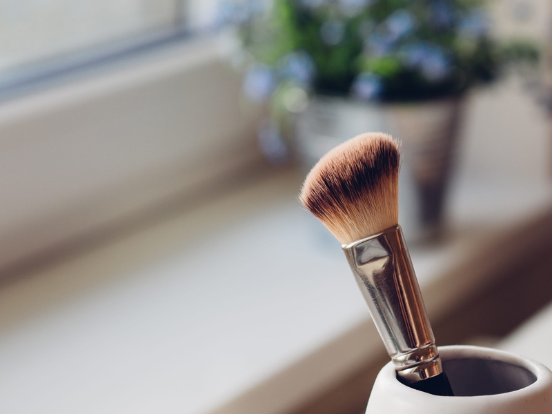 window, indoors, brush, flowers, face powder, no people, beauty product, make-up brush, fashion, 4K, focus on foreground, body care and beauty, paintbrush
